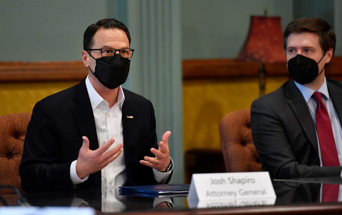 Pennsylvania Attorney General Josh Shapiro talks with Centre County officials about the impact of opioids on Wednesday.