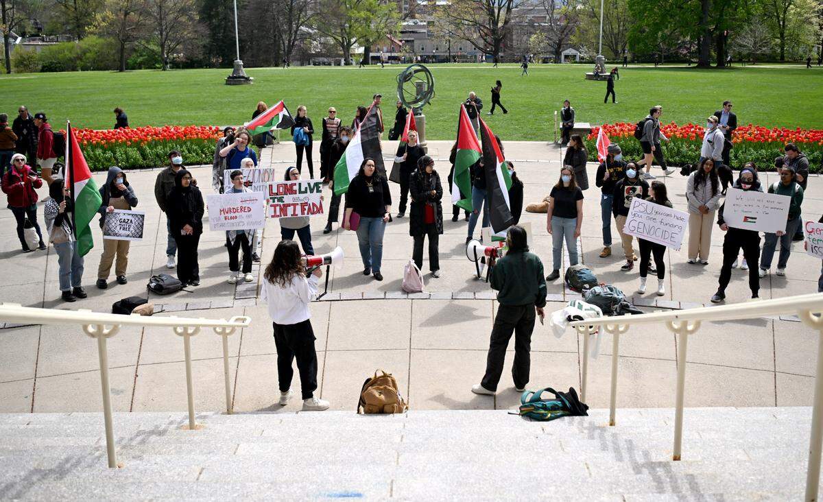 Students and community members gathered outside of Old Main to rally in support of Palestine and to call on Penn State to divest from Israel on Thursday, April 25, 2024.