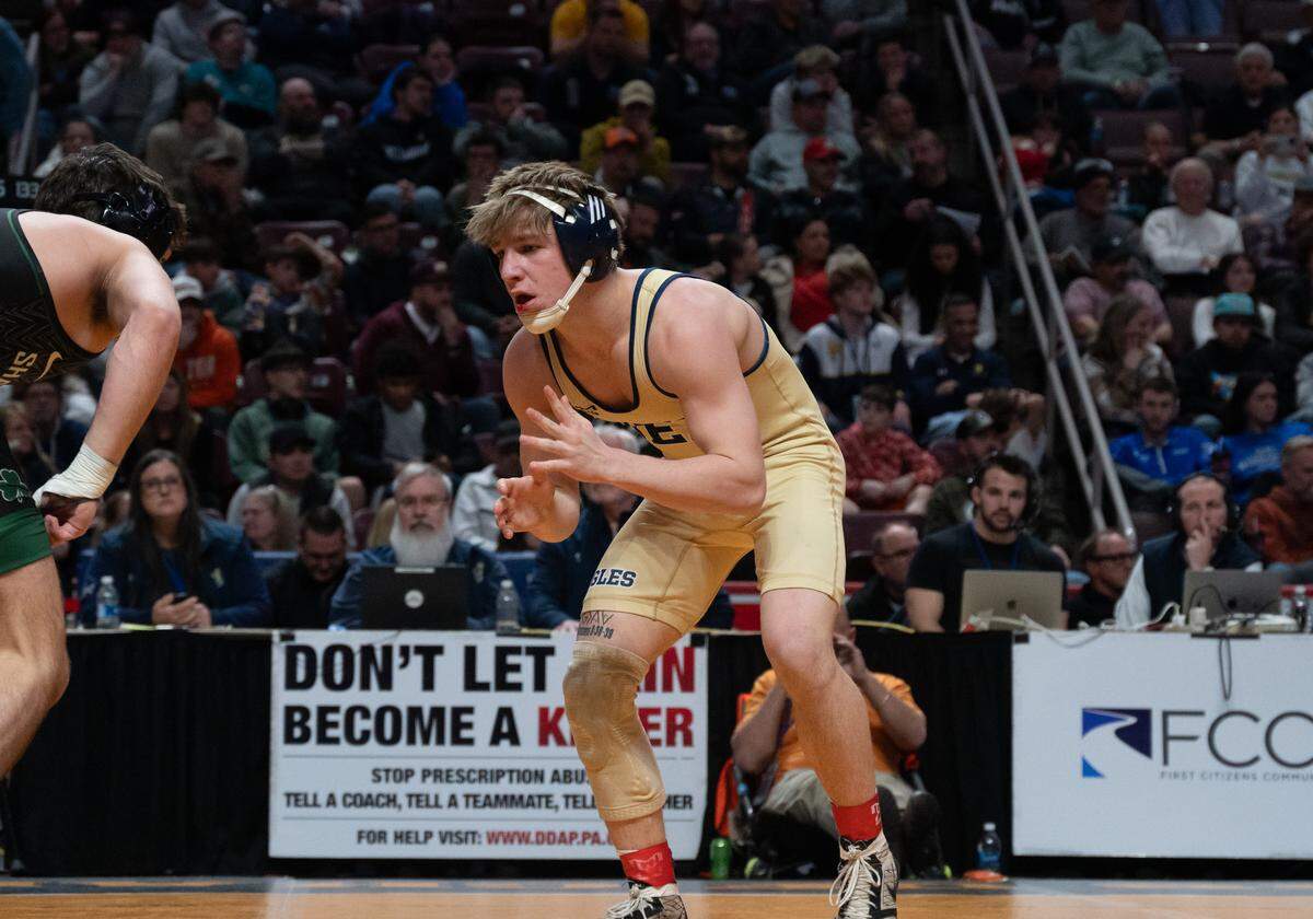 Bald Eagle Area's Tanner Guenot faces Trinity's Will Detar in the 133-pound finals of the PIAA Class 2A Wrestling State Championships on Saturday, March 7, 2026 in the Giant Center in Hershey, Pa. Detar beat Guenot by decision 1-0.