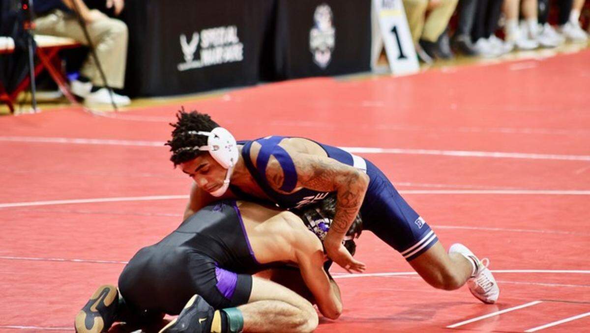 Penn State’s No. 1 Roman Bravo-Young pinned Northern Iowa’s No. 31 Kyle Biscoglia in 4:34 at 133 pounds on Monday, Dec. 20. 2021, at the Collegiate Duals in Niceville, Florida.