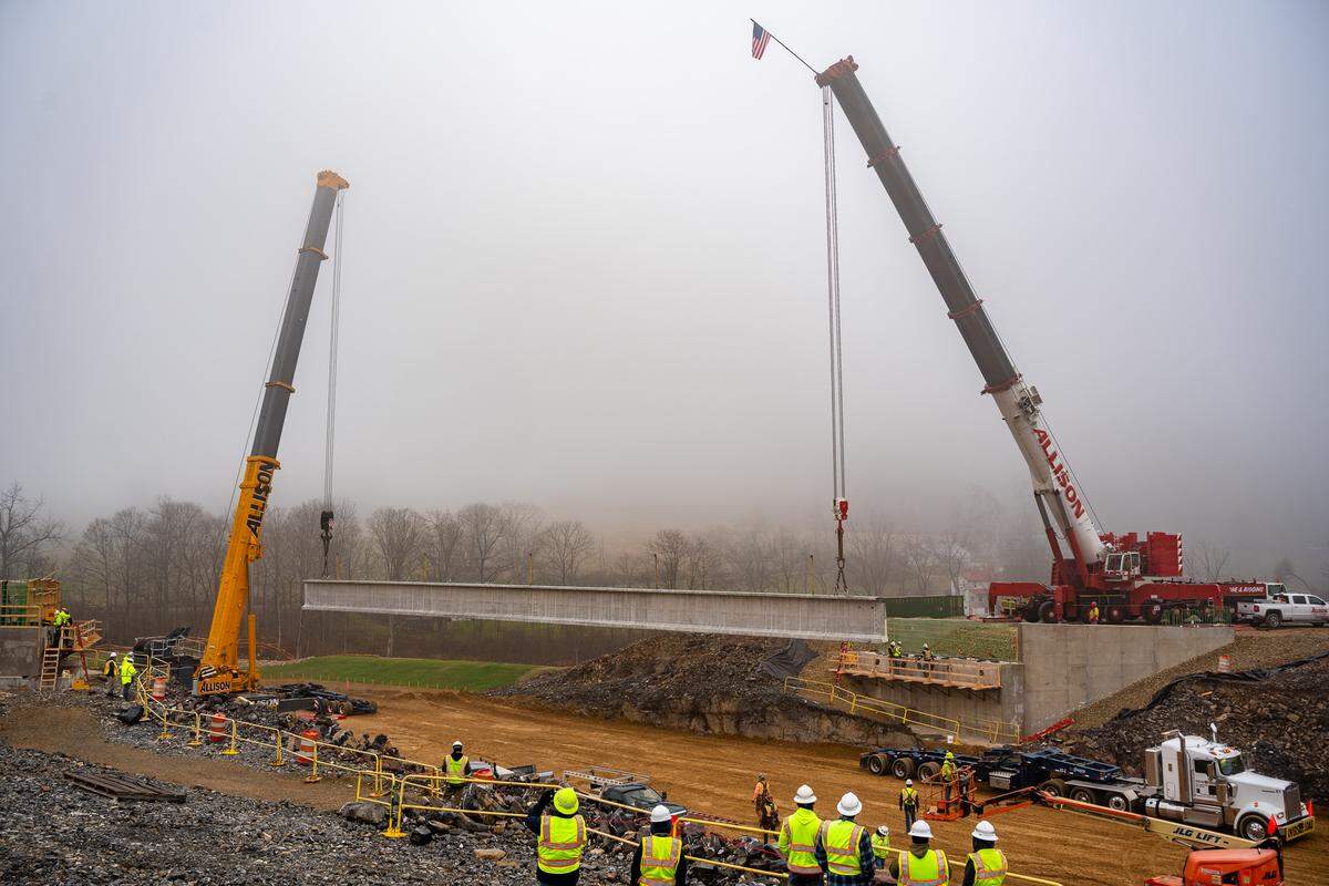 A beam was set on Nov. 20, 2025 for the bridge that will span the relocated Jacksonville Road and move traffic I-80 eastbound to I-99 southbound. 