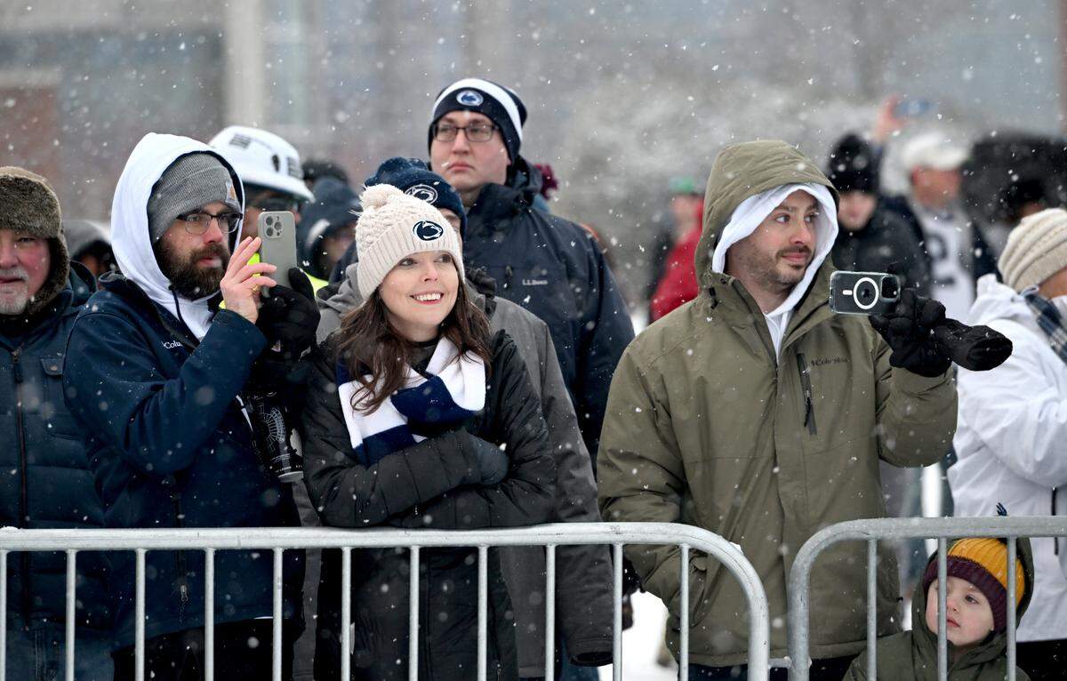 A crowd of Penn State fans gathered to watch the Beaver Stadium press box come down on Saturday, Jan. 4, 2025.