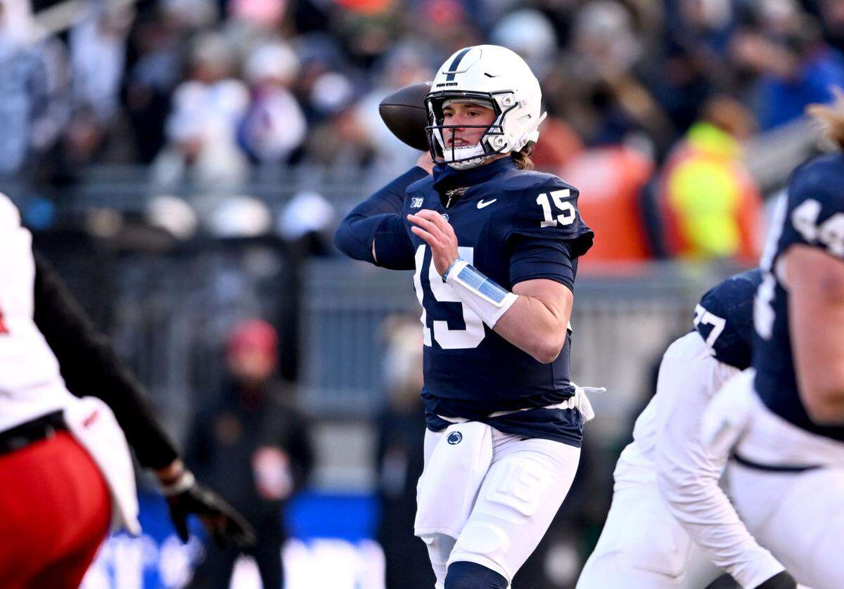 Penn State quarterback Drew Allar makes a pass during the game against Maryland on Saturday, Nov. 30, 2024.