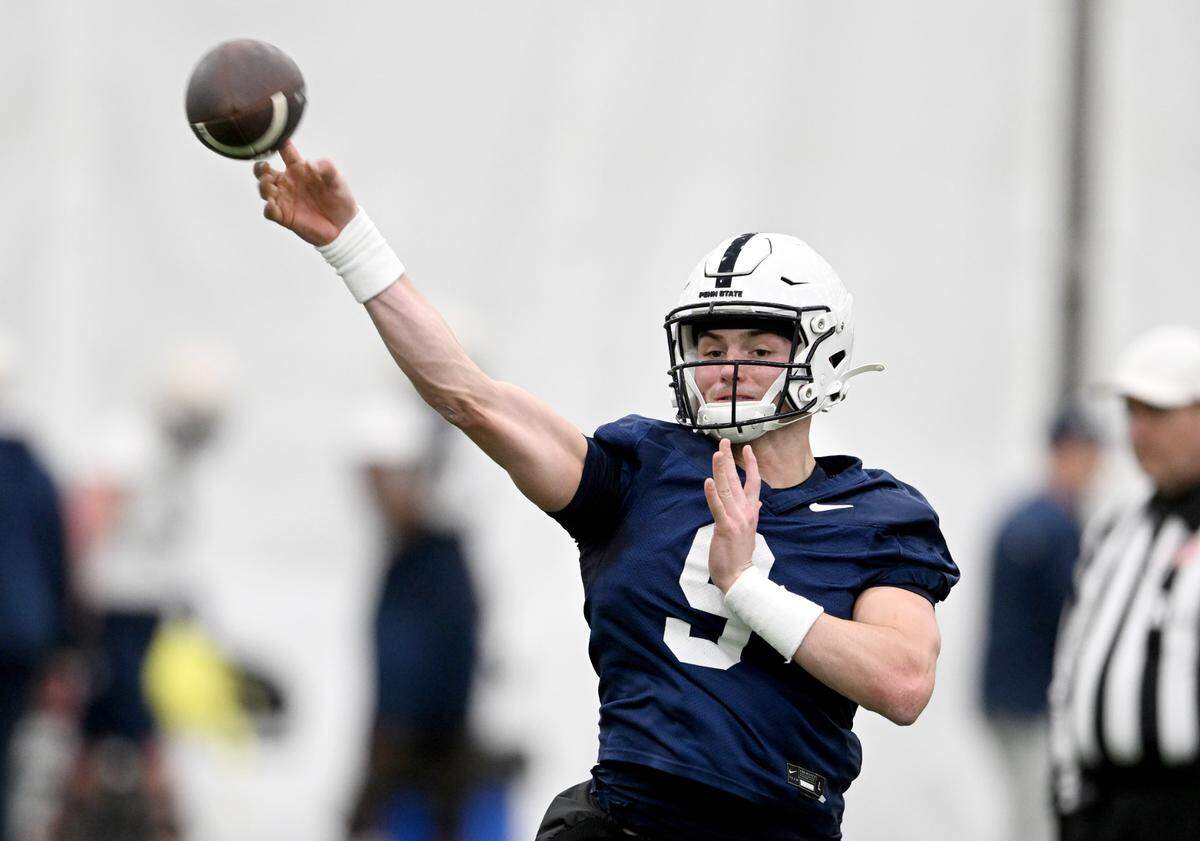 Penn State quarterback Beau Primula makes a pass during spring practice on Tuesday, March 14, 2023.
