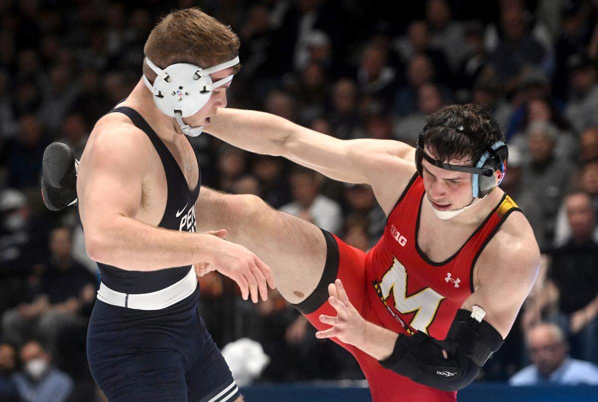 Penn State’s Donovon Ball wrestles Maryland’s Kevin Makosy in the 184 lb bout of the match on Sunday, Feb. 12, 2023 at Rec Hall.