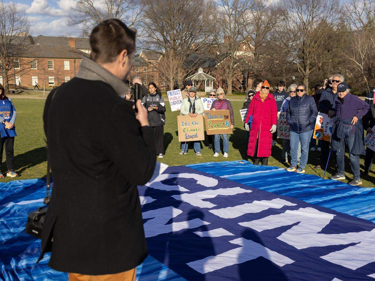 State College Mayor Ezra Nanes speaks to a crowd at a climate rally held on Monday, March 24, 2025 at Penn State’s HUB lawn.