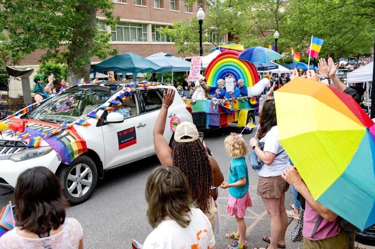 People line Allen Street for the State College Pride parade on Saturday, June 7, 2025.