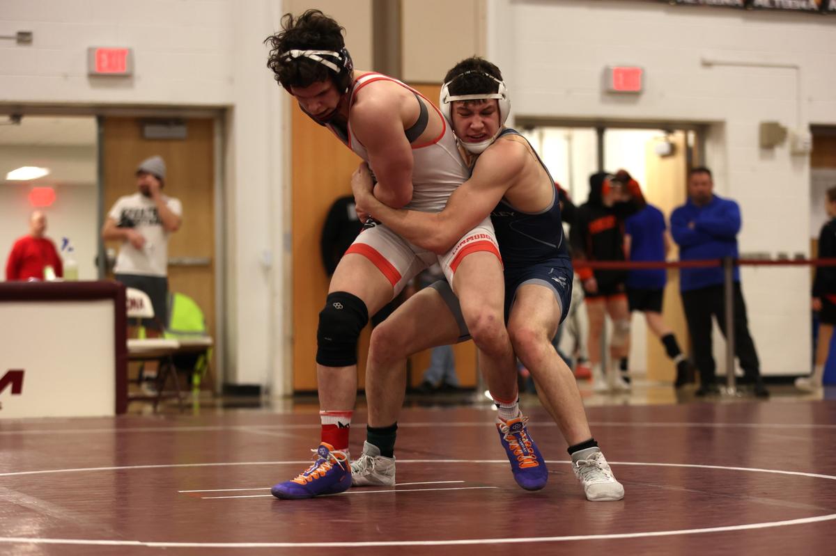 Penns Valley’s Ethan Fetterolf controls Frazier’s Ryan Celaschi in their 160-pound consolation semifinals match of the PIAA Class 2A Southwest Regional Championships on Saturday, March 2, 2024 in Altoona. Fetterolf was pinned by Celaschi, but had already earned his first trip to Hershey.