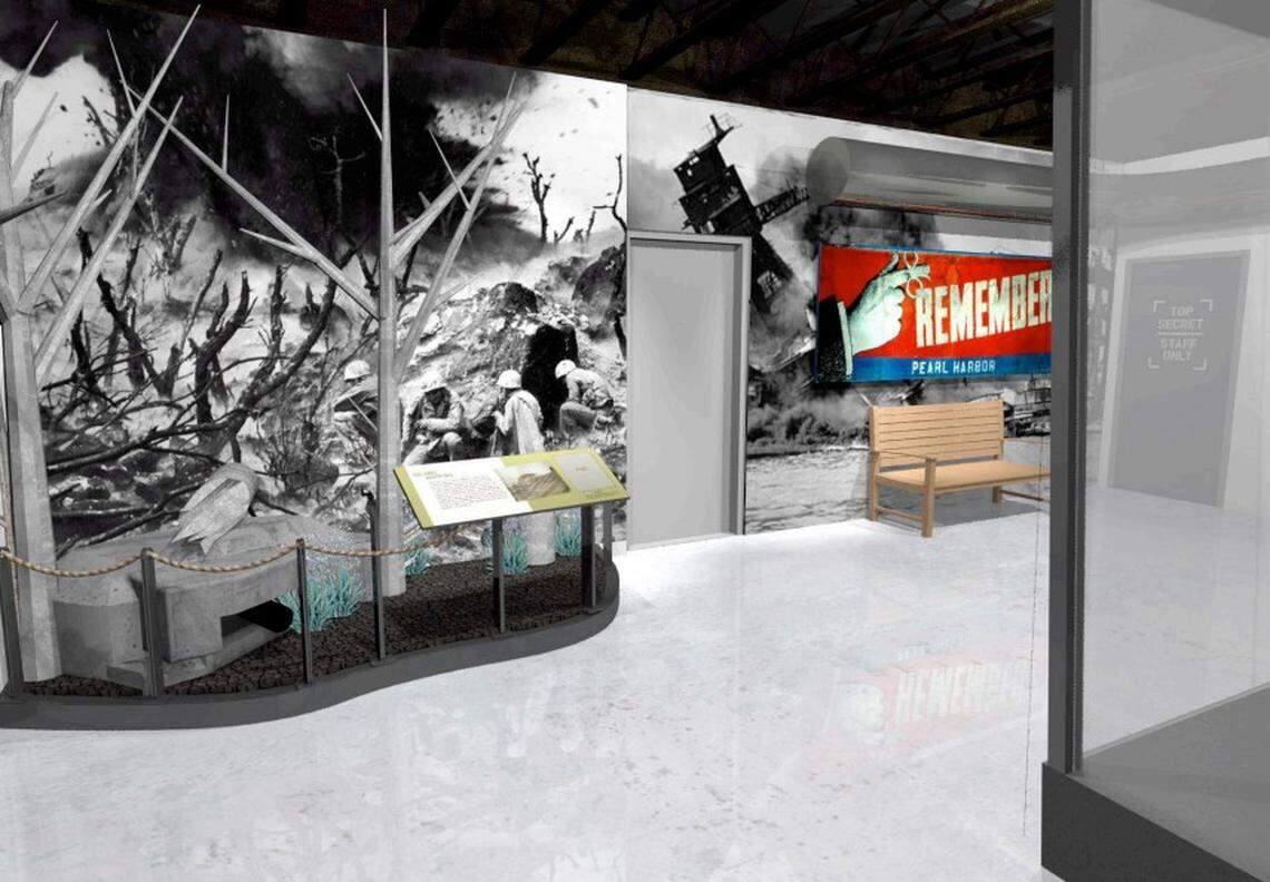 This rendering, produced by The Design Minds Inc., shows a different part of the World War II gallery. The backgrounds are designed to better match the exhibits and artifacts.