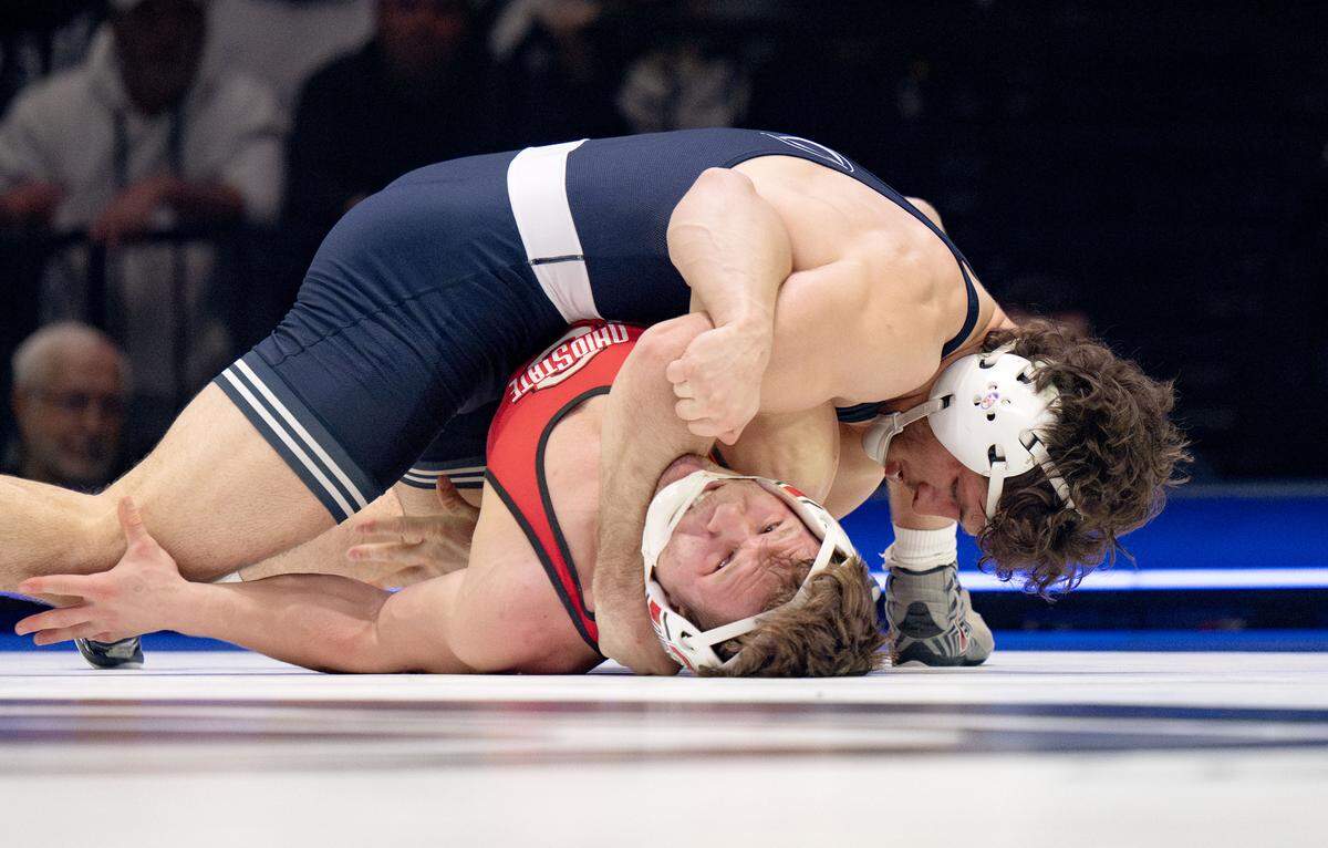 Penn State's Levi Haines controls Ohio State’s TJ Schierl in the 174 lb bout of the match on Friday, Feb. 13, 2026 at the Bryce Jordan Center.