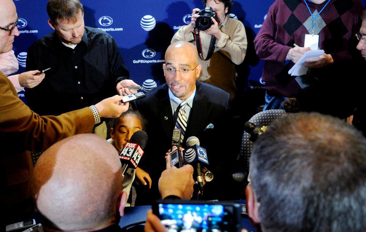 Penn State football coach James Franklin answers questions for reporters in Beaver Stadium on Saturday, January 11, 2014.