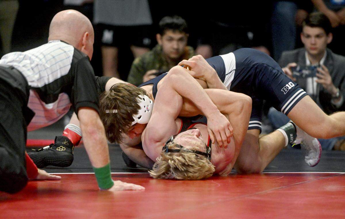 Penn State’s Tyler Kasak pins Maryland’s Ethen Miller in the149 lb third place bout of the Big Ten Wrestling tournament at the Xfinity Center at the University of Maryland on Sunday, March 10, 2024.