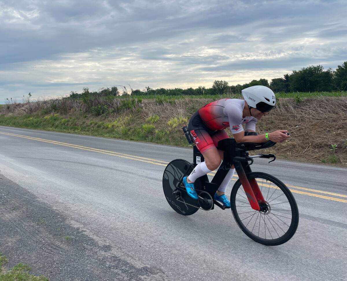 Stefan Leijdekkers, from the Netherlands, stays focused on Jacksonville Road on Sunday, June 14, 2026, during the Ironman 70.3 Pennsylvania Happy Valley North American Championship in Centre and Clinton counties.