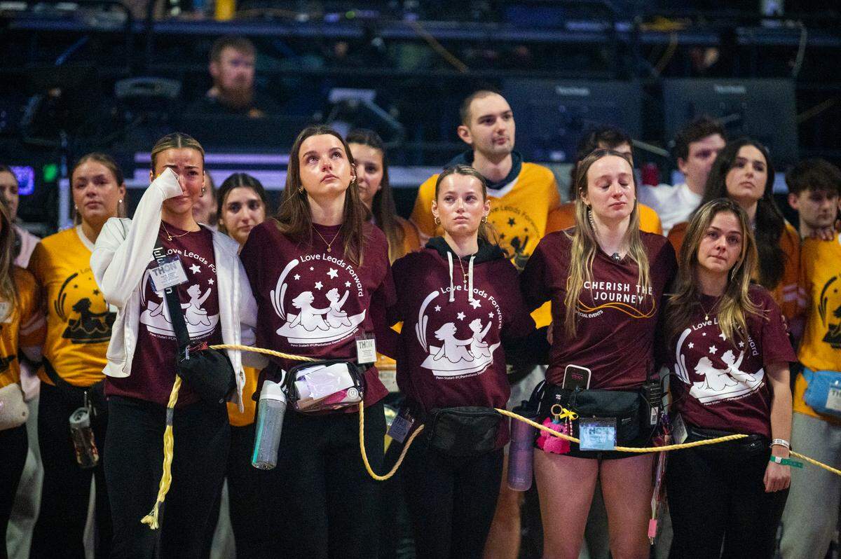Dancers grieve during the “Celebration of Life” video at Thon on Sunday, Feb. 22, 2026.