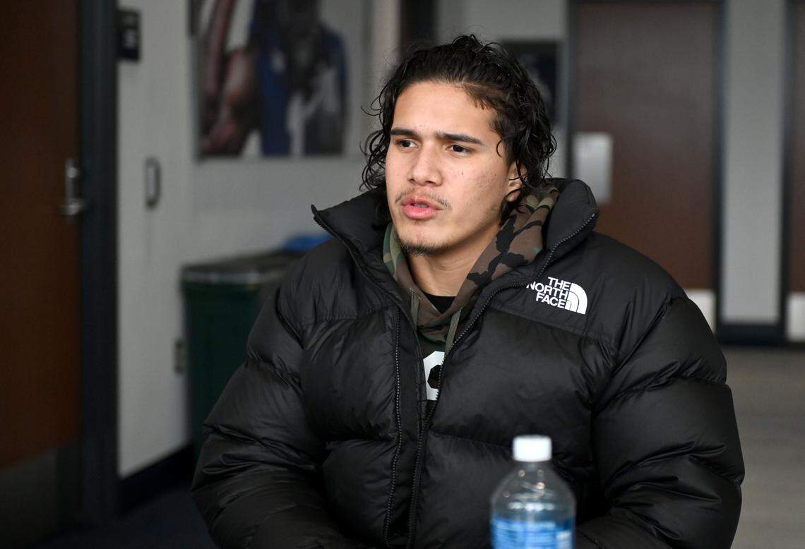 Penn State linebacker Tony Rojas talks to reporters on Wednesday, Feb. 25, 2026. 