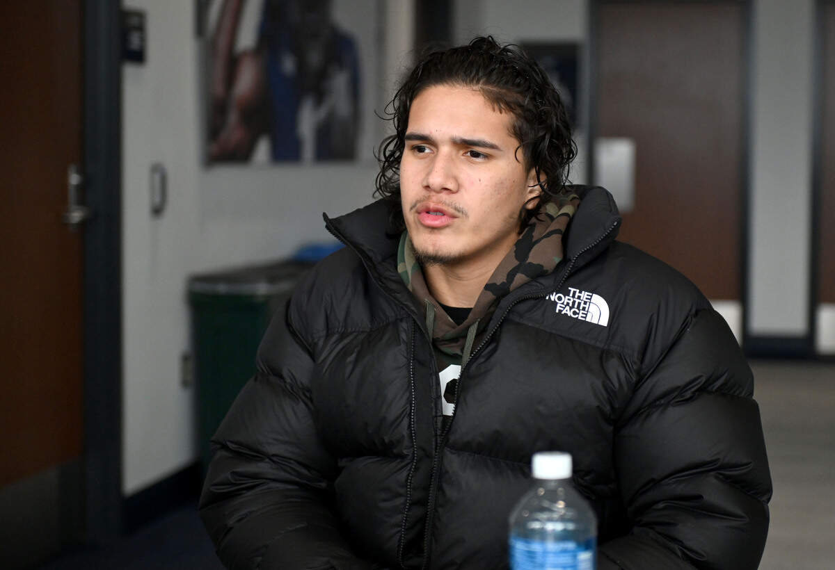 Penn State linebacker Tony Rojas talks to reporters on Wednesday, Feb. 25, 2026.