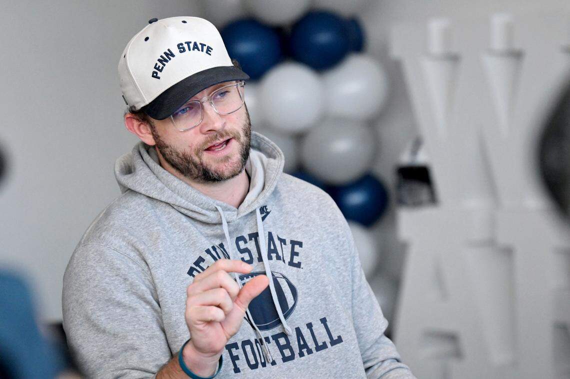 Penn State offensive coordinator and tight ends coach Taylor Mouser talks with the media on Wednesday, Feb. 4, 2026.