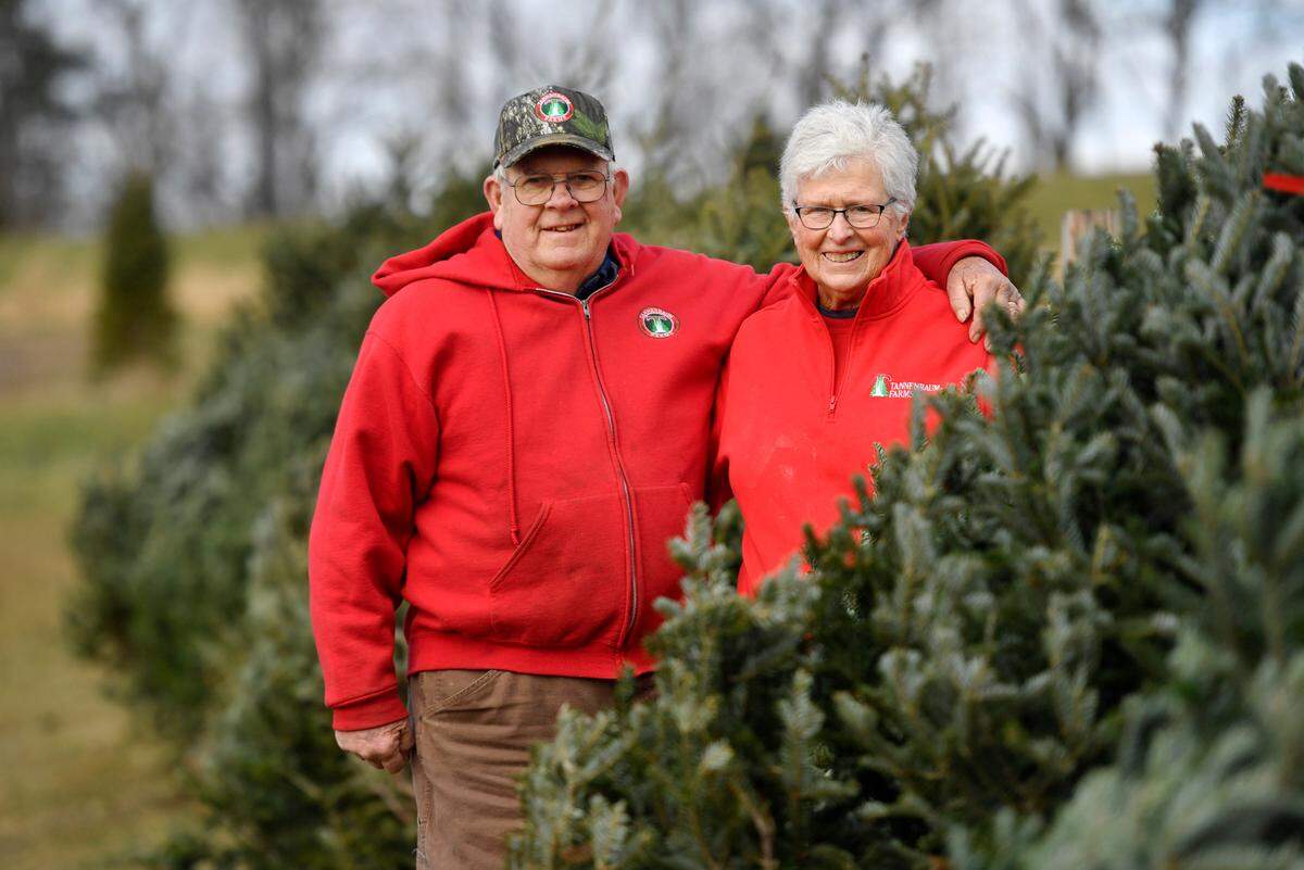 Craig and Martha Weidensaul of Tannenbaum Farms stand along a row of pre-cut trees on Thursday. This is their final season selling Christmas trees.