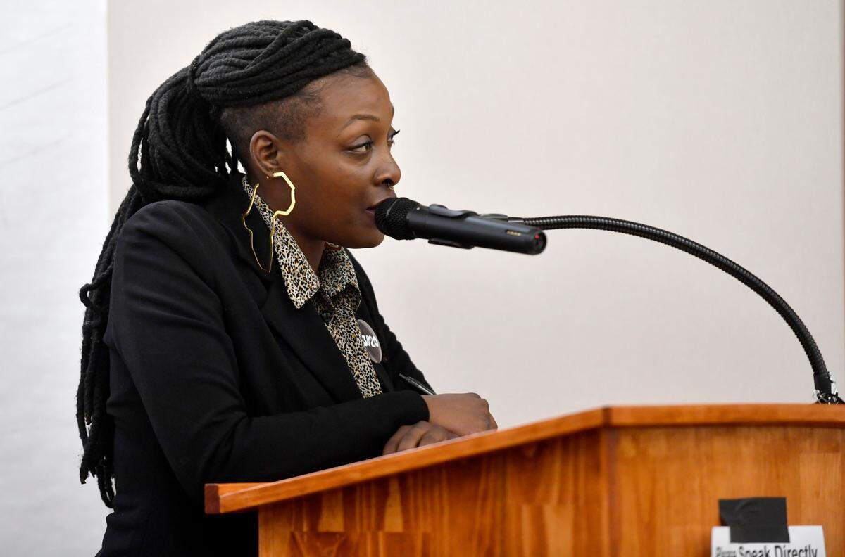 Tierra Williams speaks during the public comment of the State College Area School Board meeting on Monday, Feb. 7, 2022.