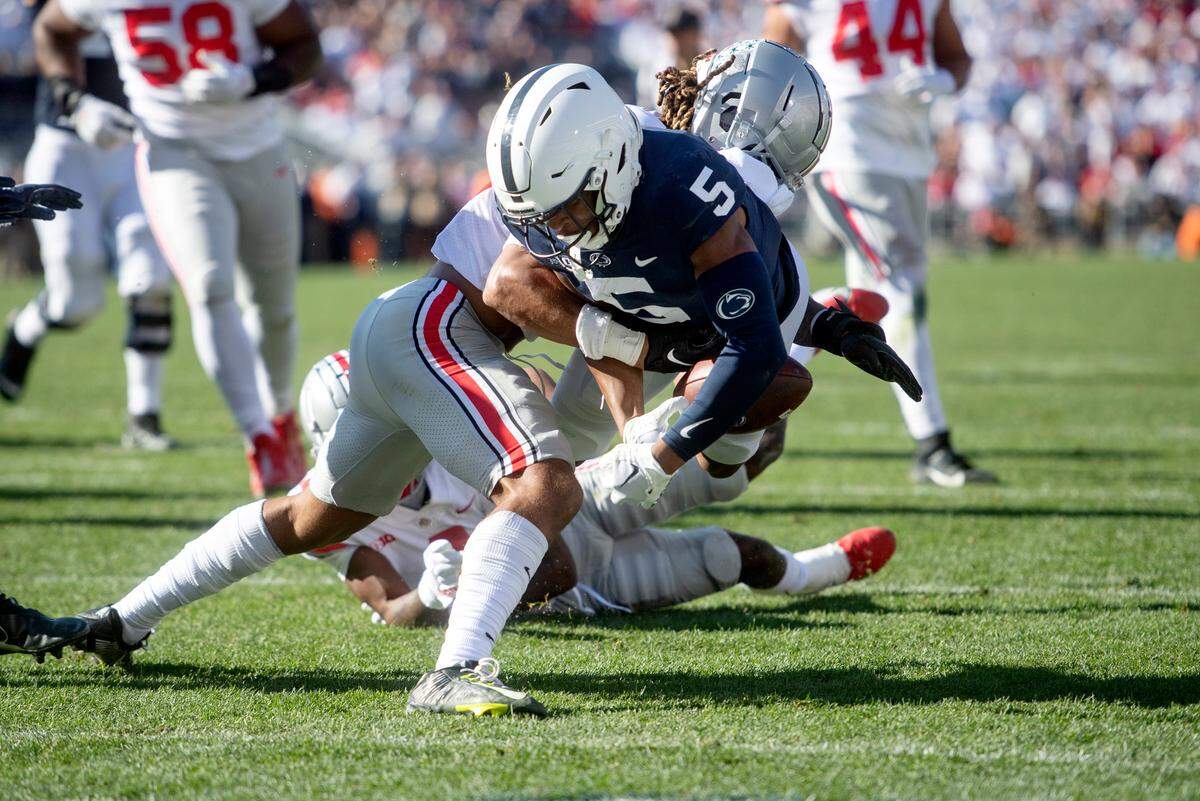 The ball get knocked away from Penn State wide receiver Mitch Tinsley as he dives for the end zone during the game on Saturday, Oct. 29, 2022.