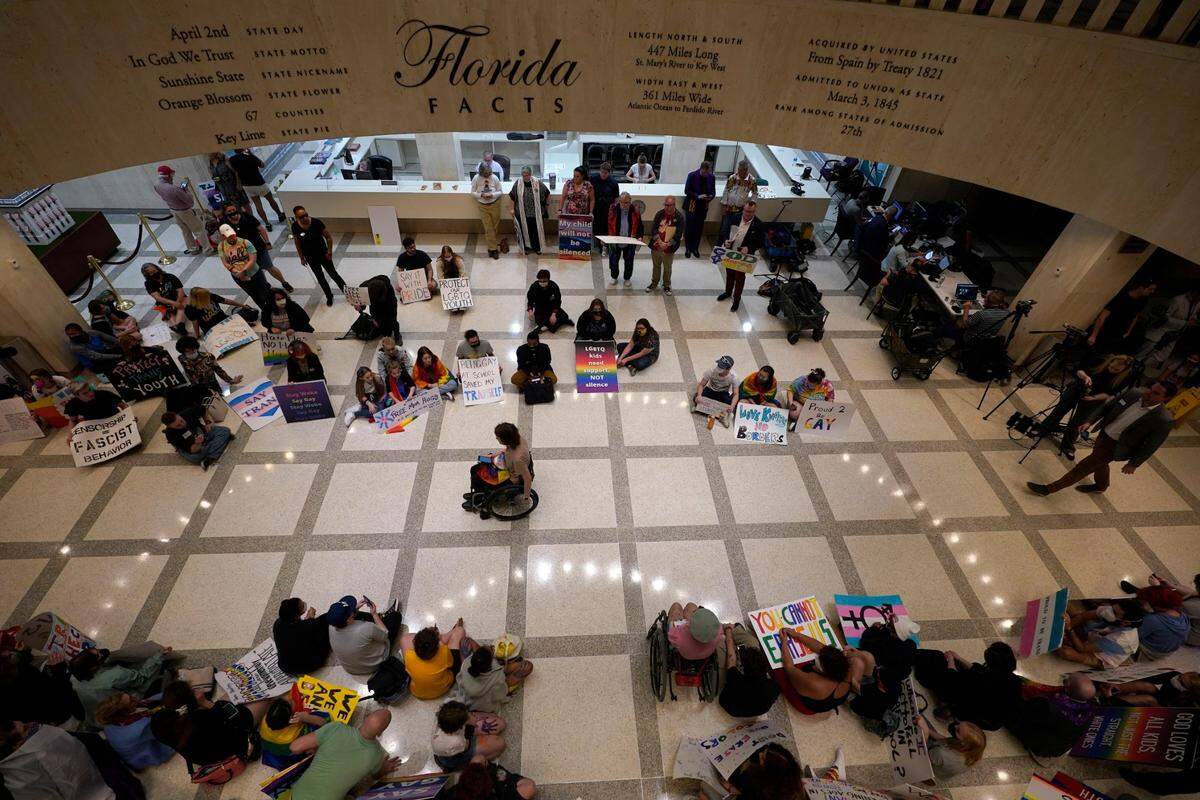 In March 2022, demonstrators protested what critics call the “Don’t Say Gay” law inside the Florida State Capitol. The law bans classroom instruction on gender identity and sexual orientation in kindergarten through third grade.