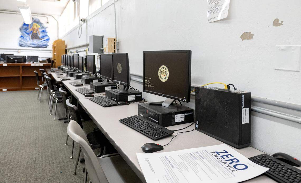 A row of computers in the library at Rockview state prison on Monday, March 2, 2026.