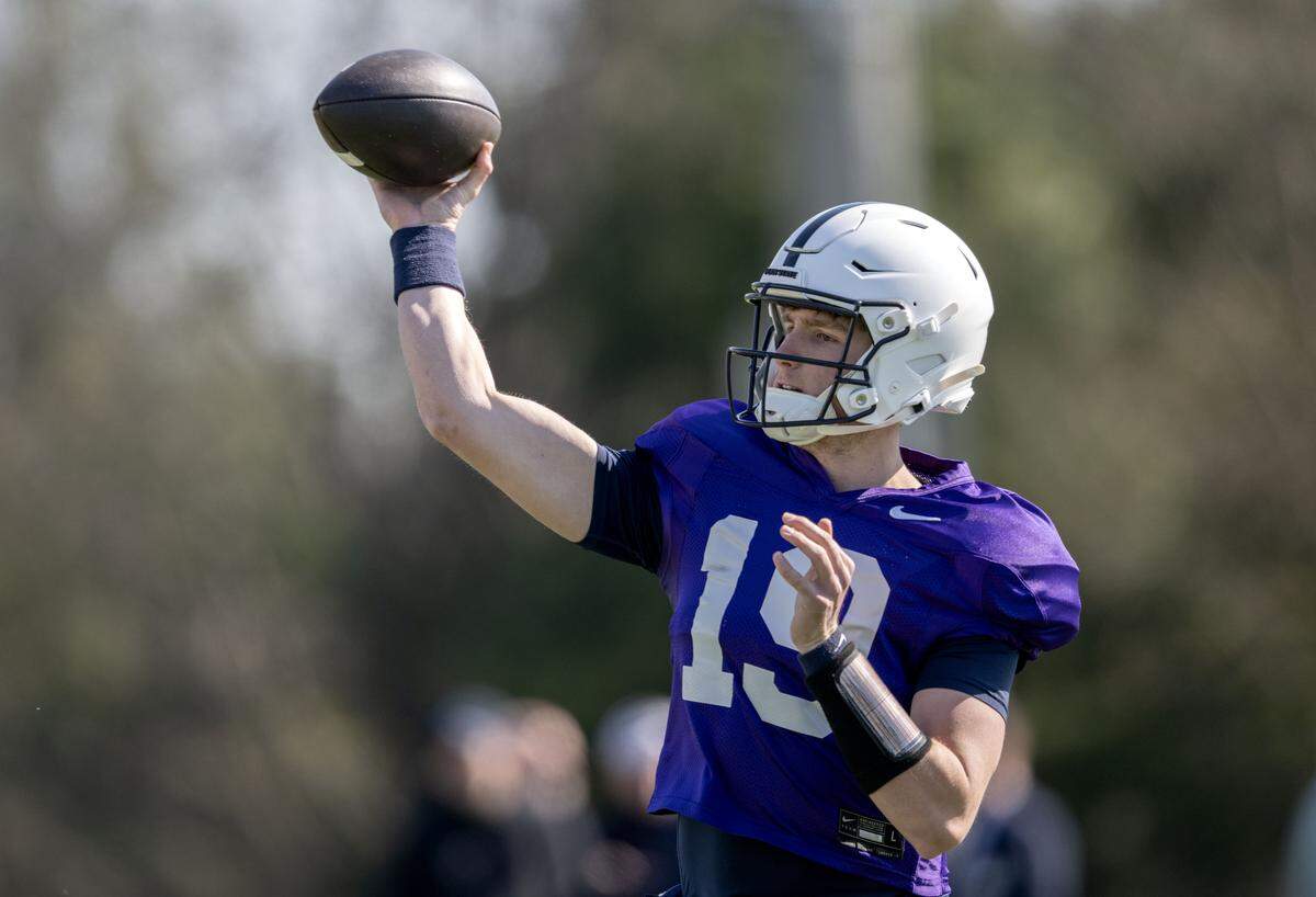 Penn State quarterback Jack Lambert makes a pass during practice on Thursday, April 9, 2026. 