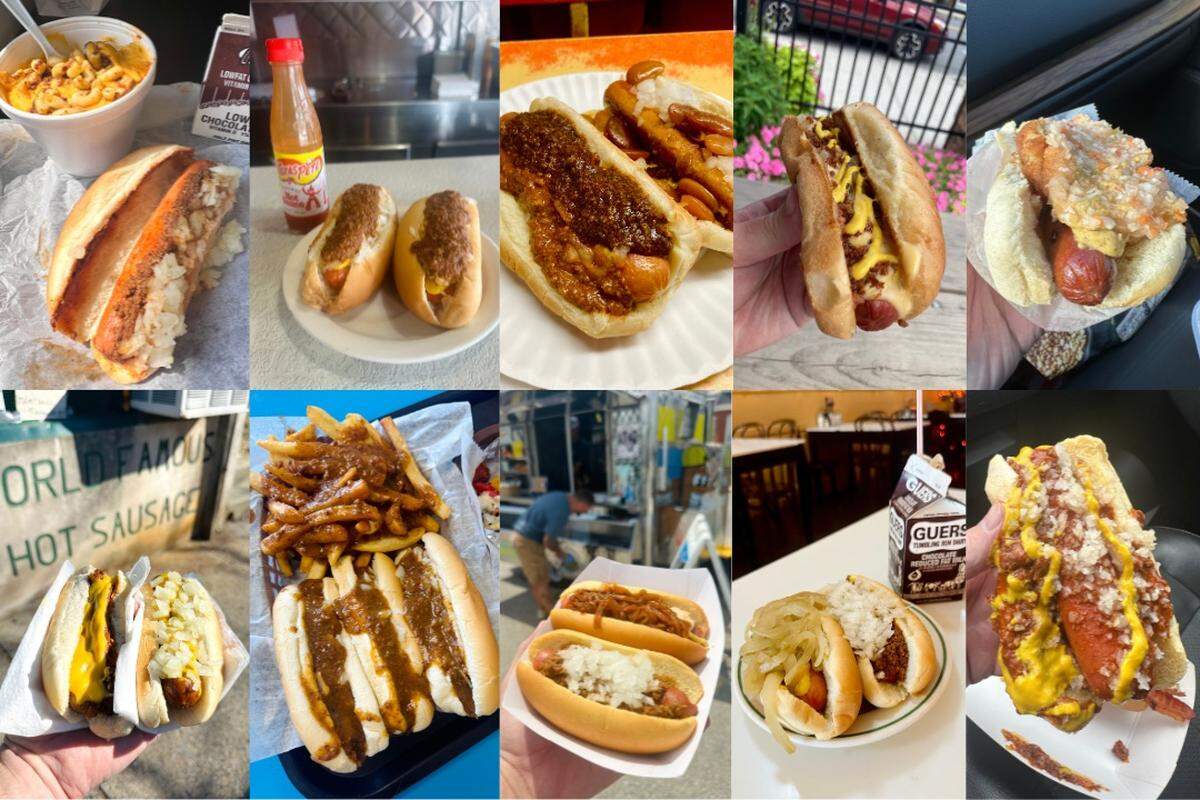 Clockwise, from top left: Hot dogs from Austin’s Texas Hot Dogs (Tyrone), William Penn Restaurant (Lebanon), The Squeeze-In (Sunbury), Reedsville Creamery (Reedsville), Lenny’s Hot Dogs (Feasterville-Trevose), Home Depot Hot Dog Cart (King of Prussia), Coney Island Lunch (Shamokin), The Homedog LLC (Hanover), Jimmy’s (New Castle), and Brunish’s Grocery (Pottstown).