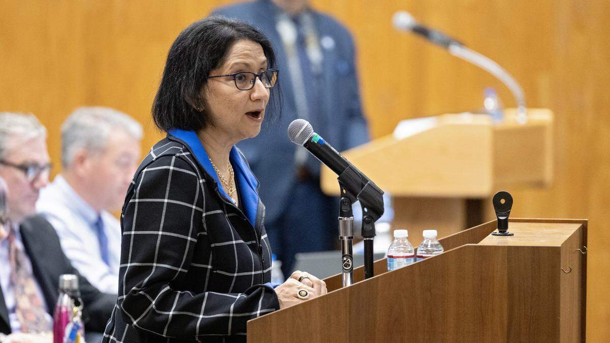 Penn State president Neeli Bendapudi speaks during the Faculty Senate meeting on Tuesday, Sept. 9, 2025.  