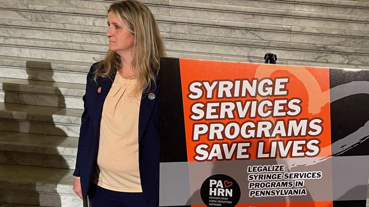 Kate Favata spoke about her personal experience with syringe services at the Pennsylvania Capitol on June 7, 2022.