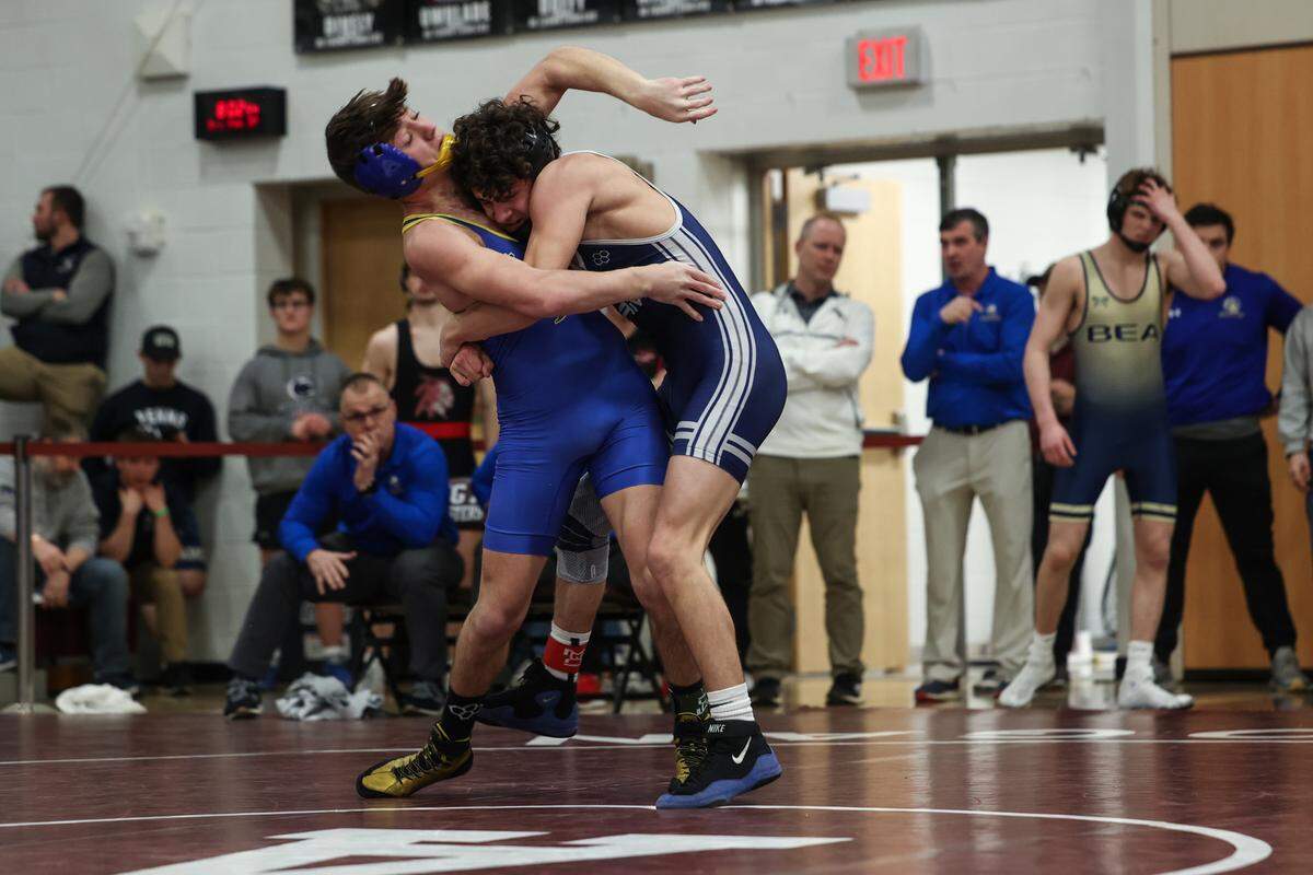 Penns Valley’s Tripp Watson controls Chestnut Ridge’s Trenden Willey in their 139-pound quarterfinals match of the PIAA Class 2A Southwest Regional Championships on Friday, Feb. 27, 2026 in Altoona. Watson topped Willey, 5-4.