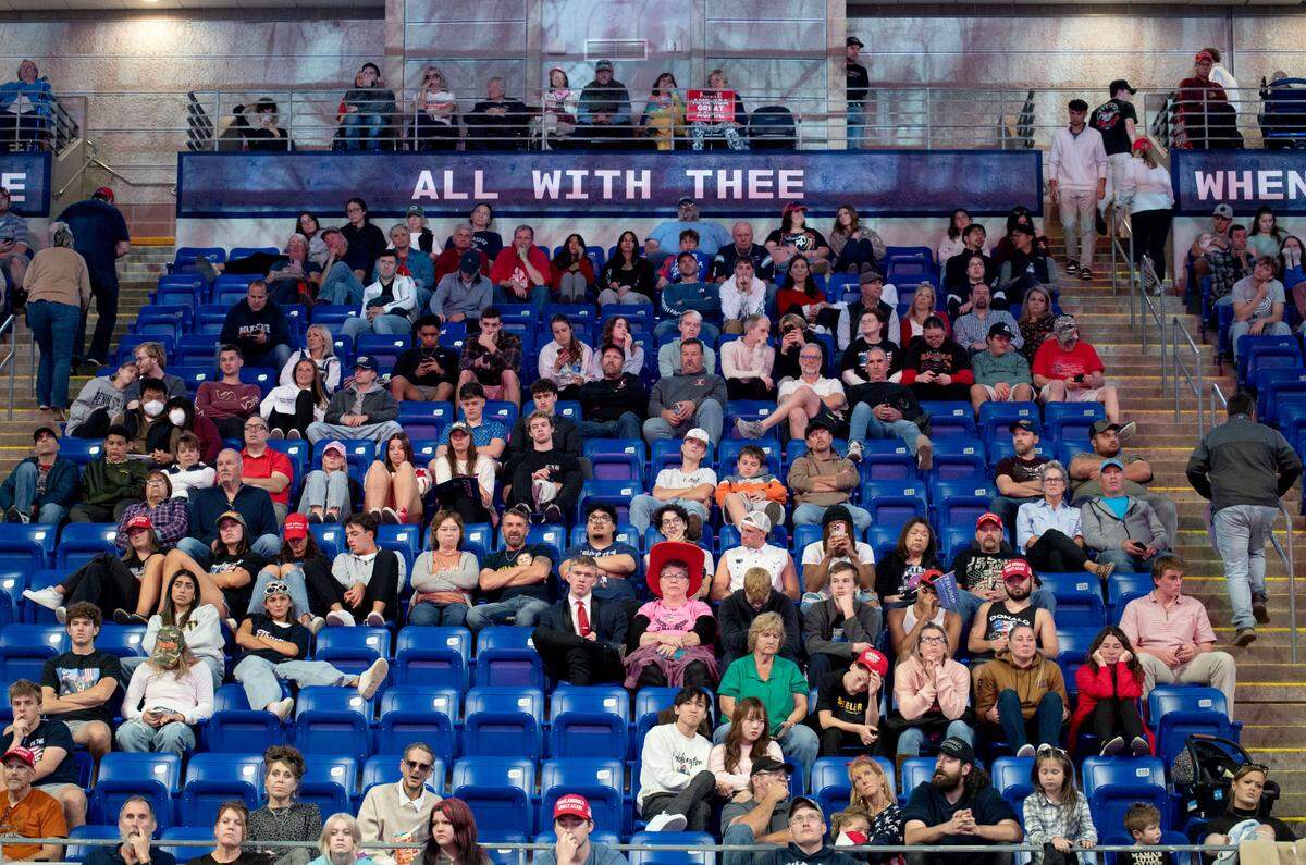Crowd members walk out early on a speech given by Donald Trump during a rally for the Trump campaign at the Bryce Jordan Center on Saturday, Oct. 26, 2024.