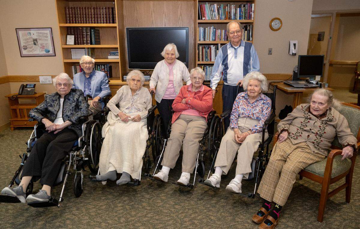 Foxdalle Village residents over the age of 100 gather together on Feb. 22. Back row, from left: Emory Brown, 101, Helen Roback. 101, John Buzzell, 100. Front row, from left: Emily Way, 101, Jose Ward, 103, Gertrude Wiant, 100, Rhoda Weisz, 103, Christine Ayob, 101.
