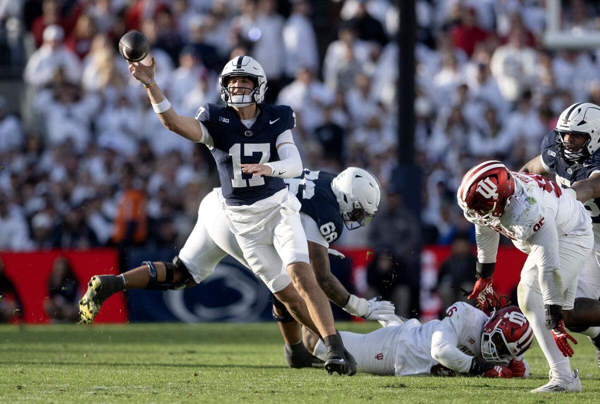 Penn State quarterback Ethan Grunkemeyer makes a pass during the game against Indiana on Saturday, Nov. 8, 2025.