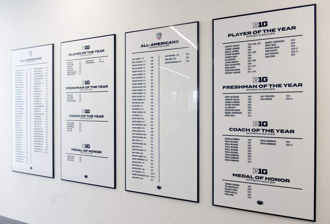 Accomplishments from the Penn State men’s and women’s soccer teams hang in the new Jeffrey Field Soccer Complex.