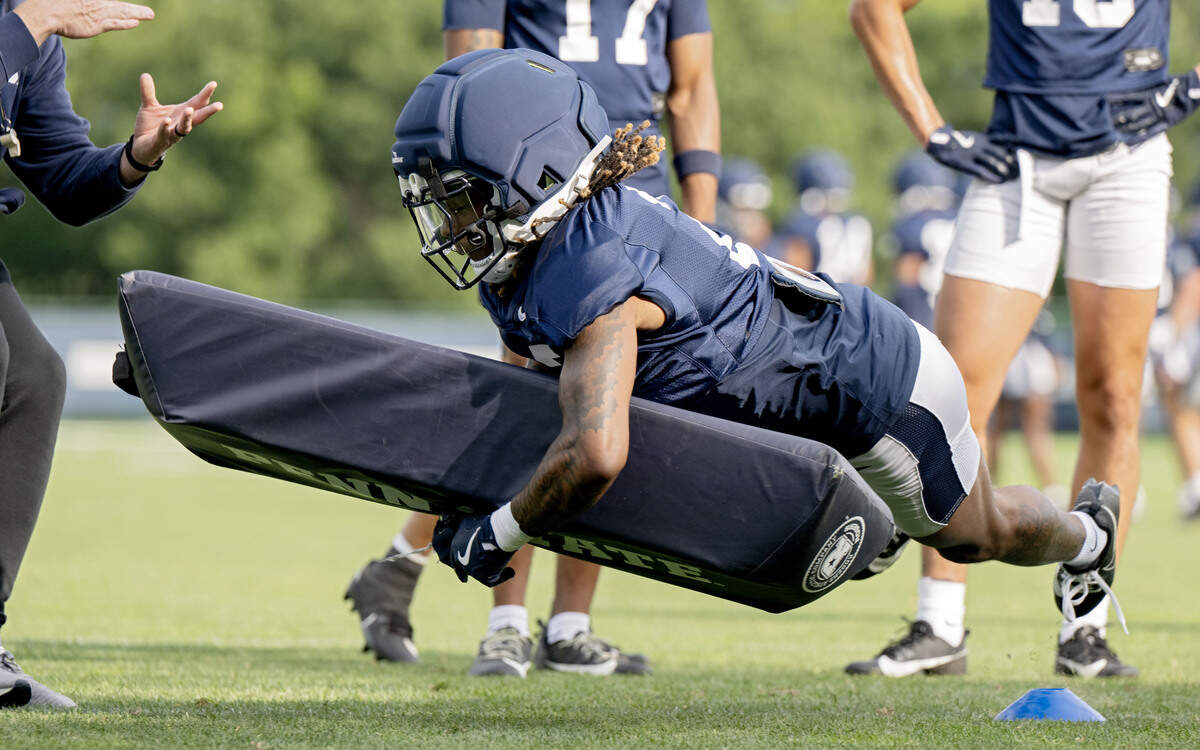 Penn State cornerback Audavion Collins runs a drill during practice on Saturday, Aug. 2, 2025.
