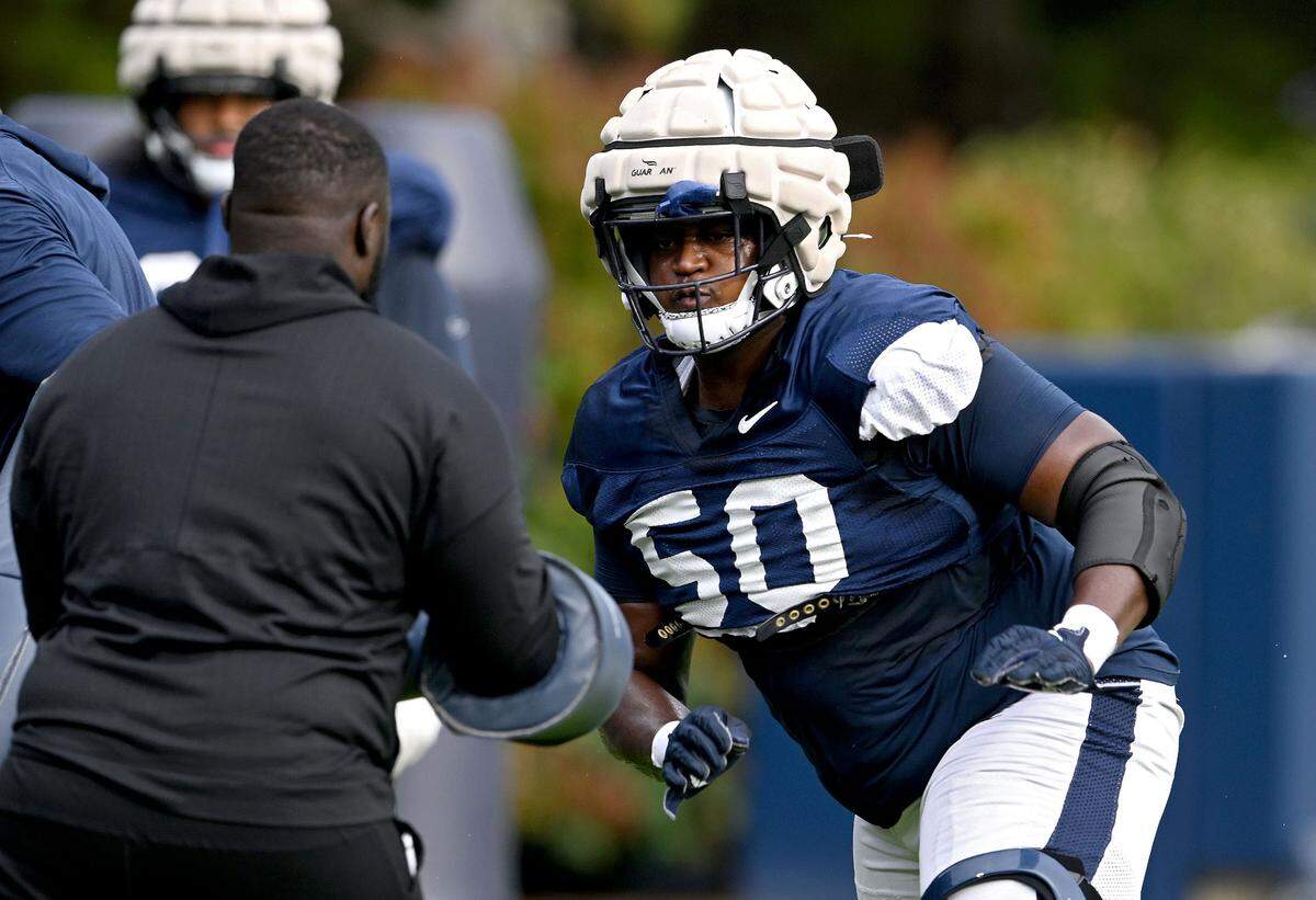 Penn State defensive tackle Alonzo Ford Jr. runs a drill during practice on Wednesday, Sept. 18, 2024.