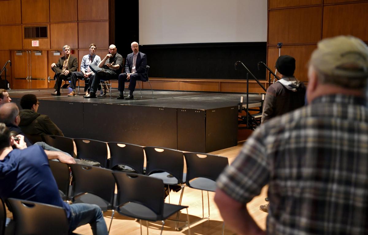 State Representative Scott Conklin, Centre County Commissioner Michael Pipe, Lt. Gov. John Fetterman and Centre County Commissioner Mark Higgins listen to a speaker during a discussion about the legalization of recreational marijuana on Tuesday at the HUB-Robeson Center at Penn State.