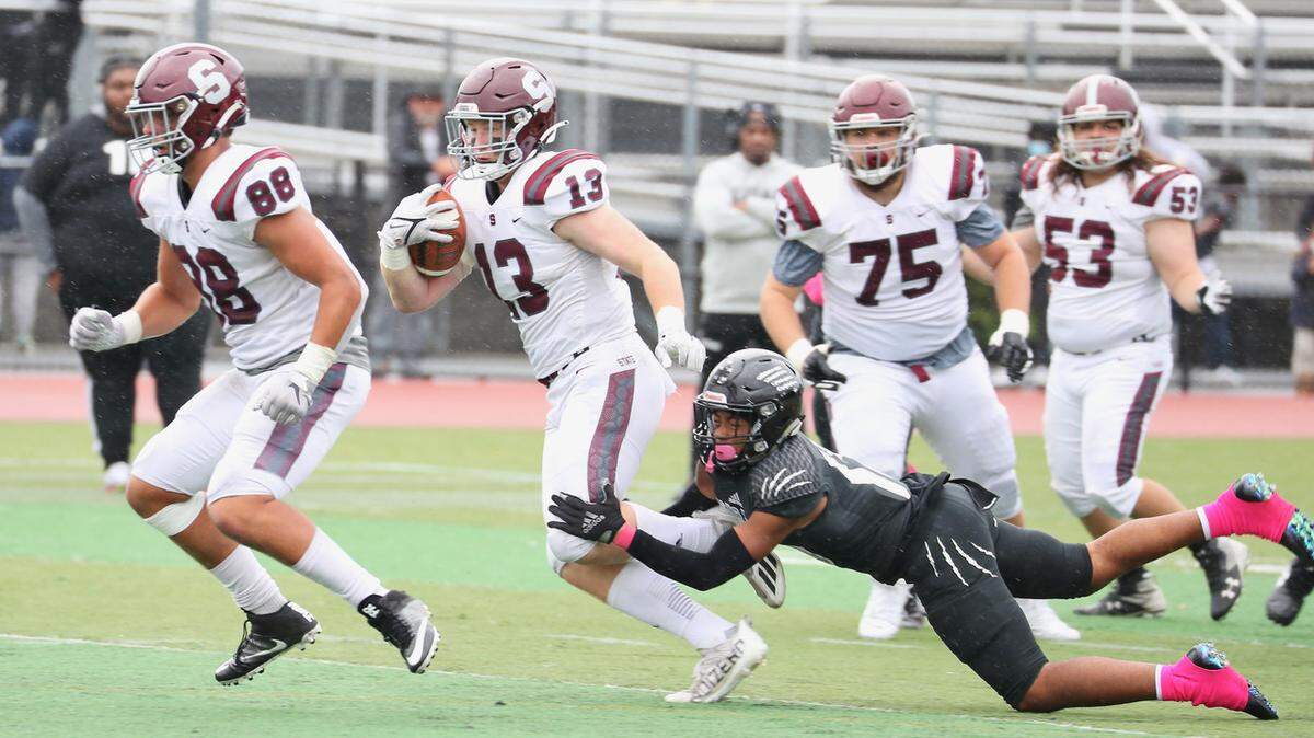State College’s Brady Bendik runs with the ball against Harrisburg on Saturday, Oct. 23, 2021. State College lost 15-13.