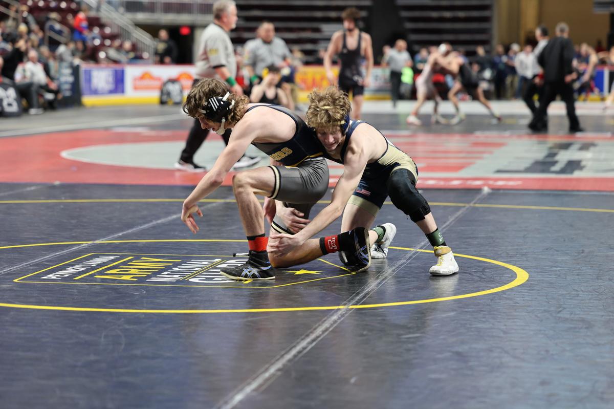 Bald Eagle Area’s Lucas Fye controls Montoursville’s Branden Wentzel in their 121-pound consolation semifinals match of the PIAA Class 2A Championships on Friday, March 10, 2023 at the Giant Center in Hershey. Wentzel, who is a Penn State commit, topped Fye, 13-7.