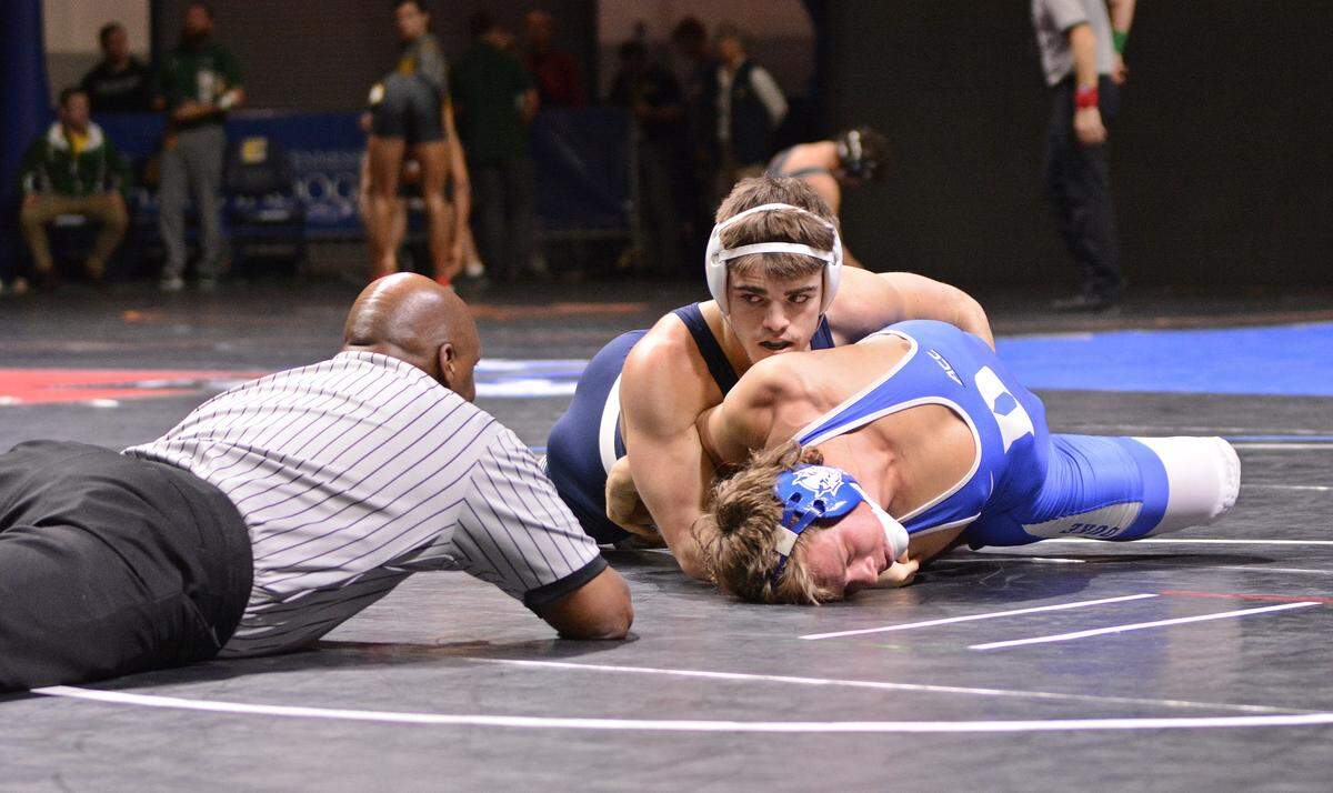 Penn State’s Bo Pipher looks at the official for near-fall points on Duke’s Ben Anderson in their 157-pound quarterfinals match of the Southern Scuffle on Tuesday. Pipher topped Anderson 5-3 to make a surprising run to the semifinals.
