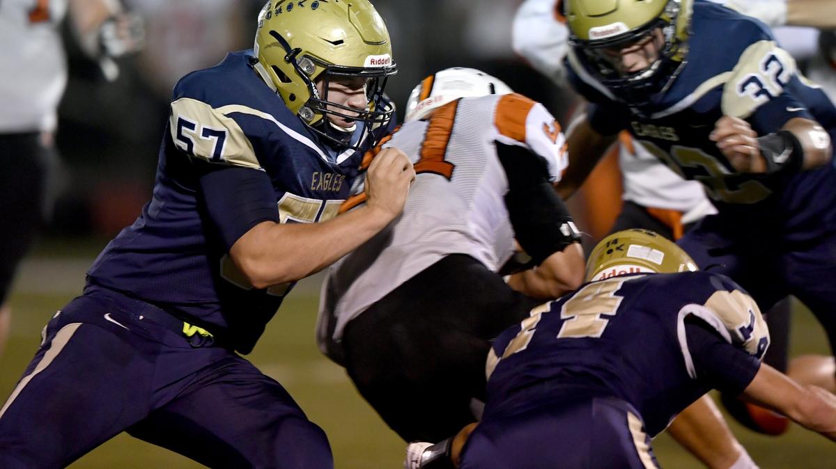 Bald Eagle Area’s Ethan Moore stops Tyrone’s ballcarrier during the Friday, Sept. 28, 2018 game.