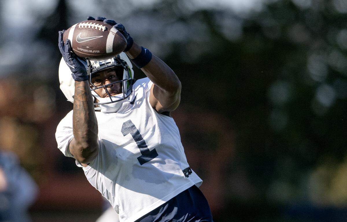 Penn State wide receiver Kyron Hudson makes a catch during practice on Wednesday, Sept. 3, 2025.  