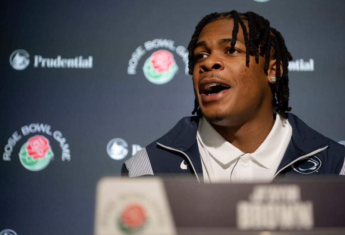 Penn State safety Ji’Ayir Brown answers questions during a press conference on Friday, Dec. 30, 2022 in Los Angeles.