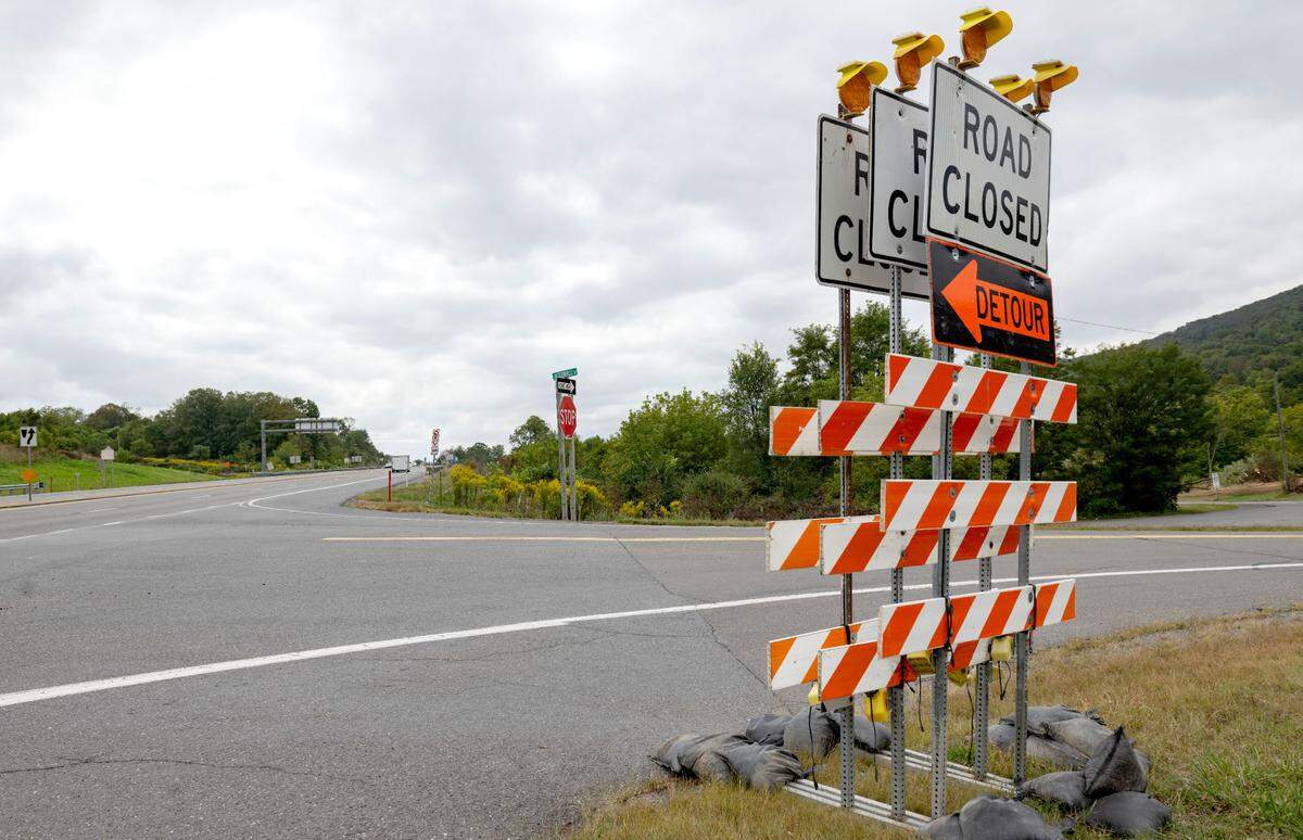 Signs are ready to close the intersection of Jacksonville Road at Interstate 99, which will remain closed for several years during the I-99/I-80 interchange project.