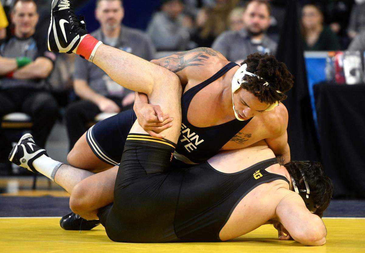 Penn State’s Greg Kerkvliet controls Iowa’s Tony Cassioppi in a 285 lb semifinal bout of the Big Ten wrestling championships at the Crisler Center on Saturday, March 4, 2023.