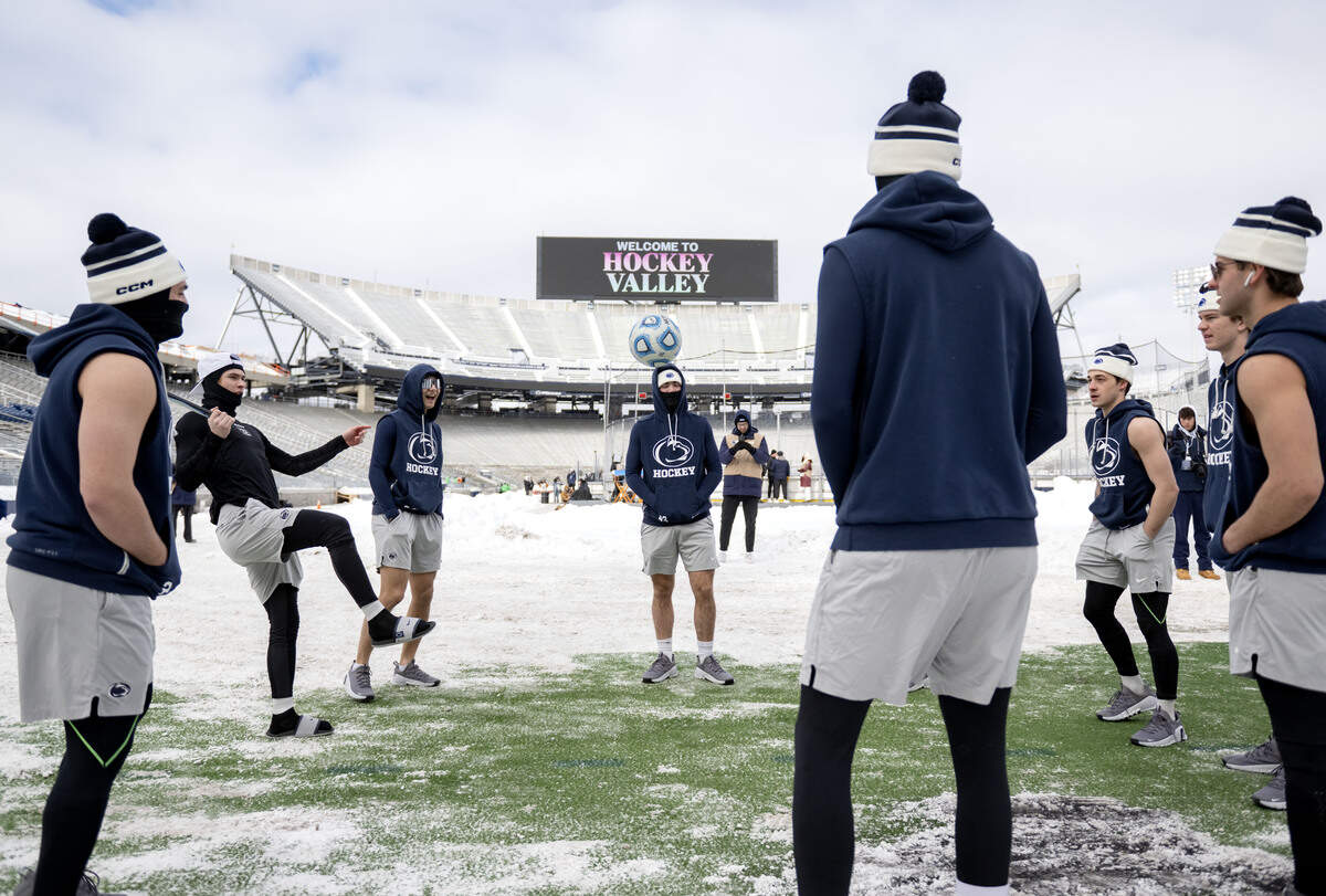 Penn State men’s hockey players kick around a soccer ball before the game against Michigan State at Beaver Stadium on Saturday, Jan. 31, 2026.
