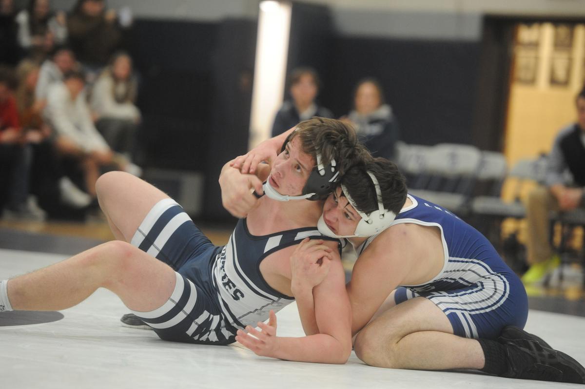 Philipsburg-Osceola’s Matthew Rowles wrestles against Penns Valley’s Ethan Fetterolf in their 172-pound bout on Tuesday, January 17, 2023.
