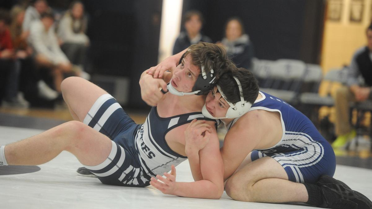 Penns Valley’s Ethan Fetterolf controls Philipsburg-Osceola’s Matthew Rowles in their 172-pound bout of the Rams’ 51-14 in on Tuesday, January 17, 2023. Fetterolf beat Rowles, 10-4.