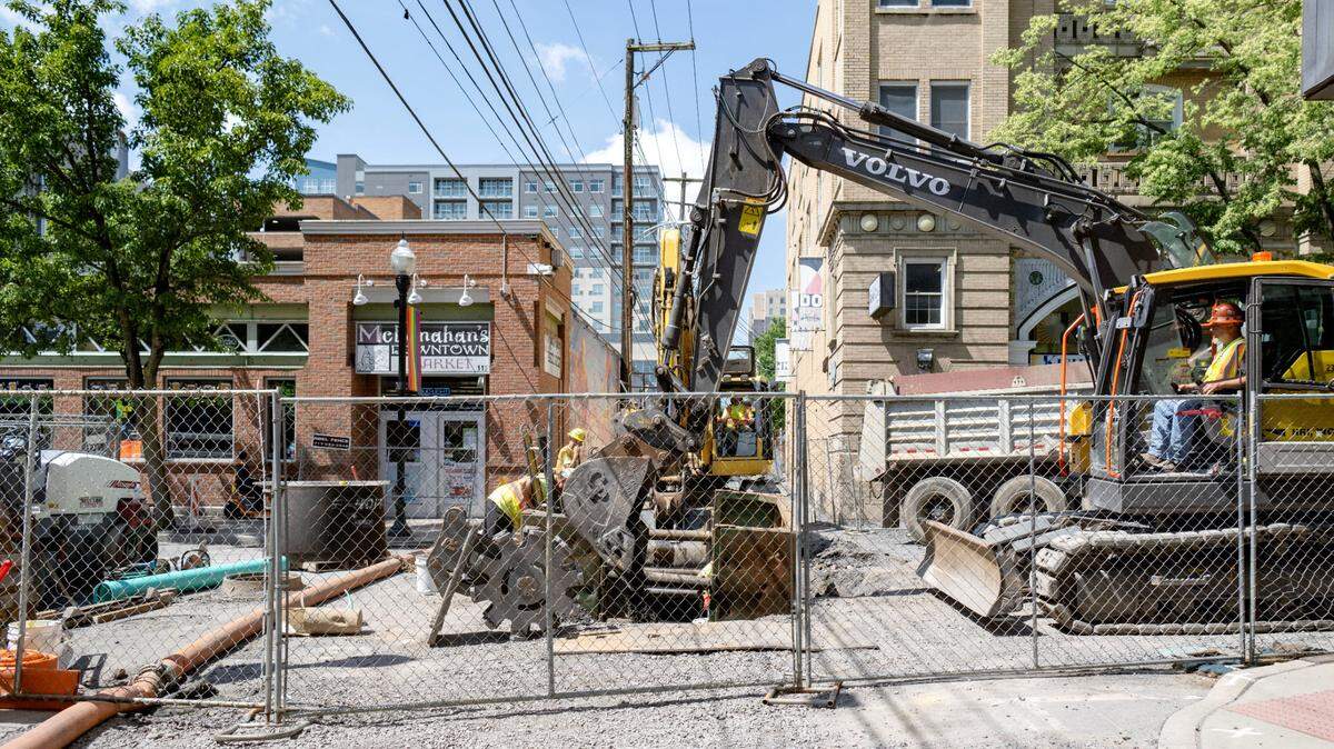 South Allen Street between College Avenue and Beaver Avenue continues to be closed as crews work on the Calder Way project on Tuesday, June 4, 2024.